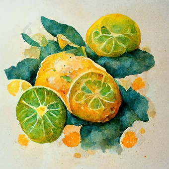 新鲜的柑橘类<strong>水果</strong>水彩柑橘类石灰橙色<strong>柠檬片</strong>