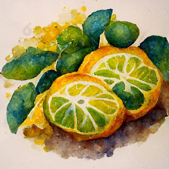 新鲜的柑橘类<strong>水果</strong>水彩柑橘类石灰橙色<strong>柠檬片</strong>