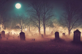 渲染<strong>墓地墓地</strong>令人毛骨悚然的黑暗晚上万圣节概念