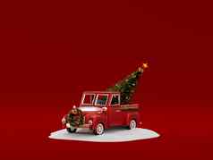 插图红色的圣诞节卡车携带圣诞节树雪地面