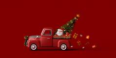 插图圣诞节横幅圣诞老人老人圣诞节卡车携带圣诞节树礼物