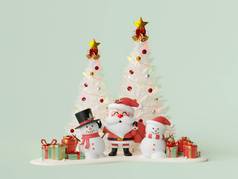 圣诞节主题横幅圣诞老人老人雪人圣诞节树礼物盒子插图