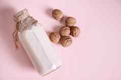 平躺瓶有益健康的植物基于牛奶核桃粉红色的背景复制空间健康的食物喝
