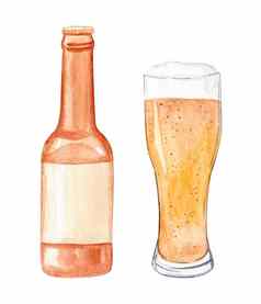 水彩啤酒瓶玻璃集孤立的白色背景