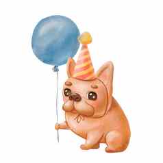 水彩卡通有趣的狗蓝色的气球可爱的法国斗牛犬节日他生日卡片