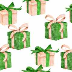 水彩手画无缝的模式礼物盒子现在绿色米色弓丝带节日聚会，派对生日问候织物打印可爱的周年纪念日祝贺你