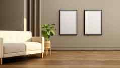首页装饰时尚的生活房间室内现代公寓反射阳光白色沙发花双墙框架光光滑的纹理墙背景渲染