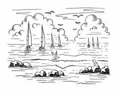 海景景观海帆船岩石海鸥手画向量插图