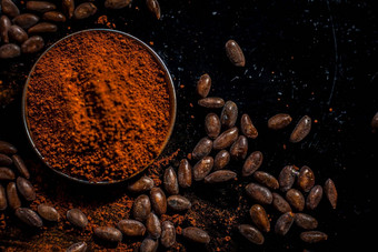 咖啡脸面具抗衰老黑色的彩色的木表面组成咖啡豆子蜂蜜