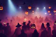 巨大的万圣节聚会，派对认不出来盛装的人跳舞多雾的环境神经网络生成的图像