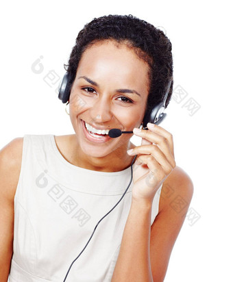 友<strong>好</strong>的的<strong>声音</strong>公司热线服务电话工作室拍摄年轻的女人穿耳机孤立的白色