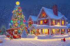 插图圣诞节树房子饰品彩色的灯包围雪
