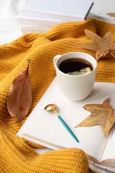 舒适的作文温暖的毛衣白色书杯热茶秋天叶子