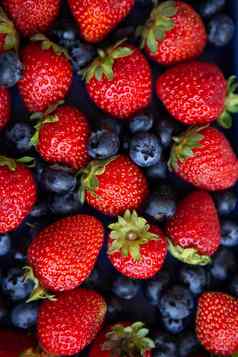 背景各种各样的新鲜的浆果红色的多汁的草莓蓝色的蓝莓特写镜头视图