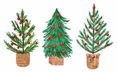 水彩手画松圣诞节树红色的饰品米色棕色（的）斯堪的那维亚容器篮子木箱冬天假期云杉冷杉树设计北欧极简主义舒适的室内时尚的风格