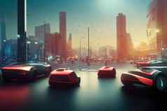 红色的未来主义的交付汽车未来城市