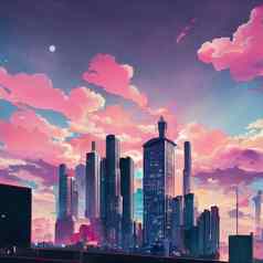 动漫风格城市粉红色的云