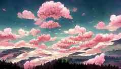 动漫风格森林不错的云粉红色的天空