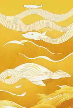时尚的日本风格海报波鲸鱼金行纺织社会媒体装饰最小的艺术