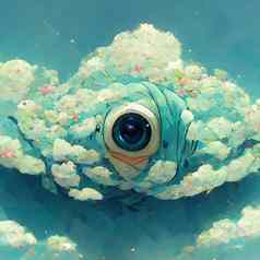 插图多云的天空鱼眼睛动漫风格