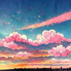 动漫风格日落天空卡通夏天日出粉红色的云