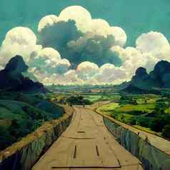 景观山路天空云动漫卡通风格