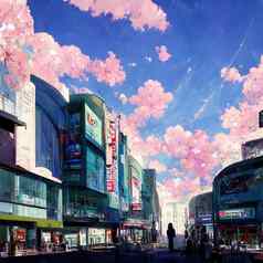动漫风格涩谷购物中心白天空街