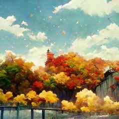动漫秋天风景下降叶子一天时间油漆