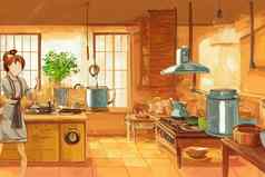 女人烹饪厨房围裙烹饪舒适的厨房电器餐具