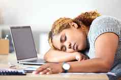 压力倦怠睡觉业务女人现代办公室工作场所桌子上累了懒惰的沮丧员工工人黑色的人La2抑郁症最后期限精神健康失败