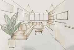 室内设计师作品水彩墨水徒手画的草图画生活房间