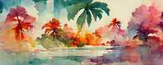 计算机生成的热带景观插图水彩画丙烯画墨水CGI