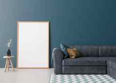 空垂直图片框架蓝色的墙现代生活房间模拟室内斯堪的那维亚风格免费的空间图片蓝色的沙发木表格花瓶呈现