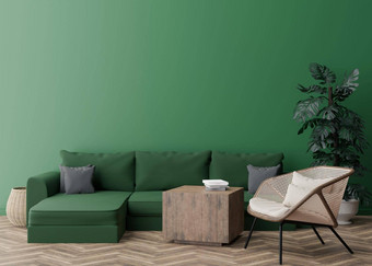空绿色墙现代生活房间模拟室内当代风格免费的空间复制空间图片海报藤扶手椅沙发monstera植物呈现