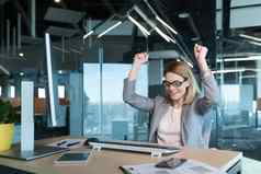 美丽的成功的业务女人眼镜庆祝胜利电脑