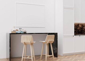 空水平图片框架白色墙现代厨房模拟室内极简主义当代风格免费的空间复制空间图片海报表格椅子呈现