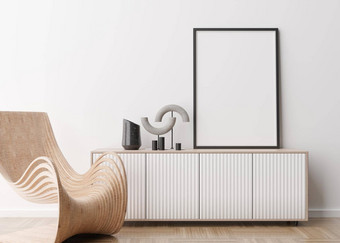 空垂直图片框架白色墙现代生活房间模拟室内当代风格免费的空间图片海报控制台扶手椅呈现