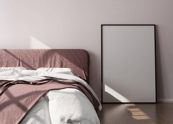 空垂直图片框架站木地板上现代卧室模拟室内极简主义当代风格免费的空间图片海报床上阳光呈现