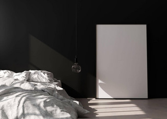 空垂直图片框架站混凝土地板上现代卧室模拟室内极简主义当代风格免费的空间图片海报床上挂灯呈现