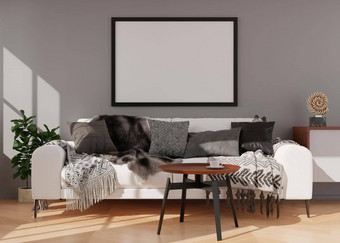 空黑色的<strong>图片</strong>框架灰色的墙现代生活房间模拟室内当代风格免费的空间复制空间<strong>图片海报</strong>沙发餐具柜植物呈现