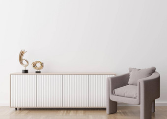 空白色墙现代生活房间模拟室内当代风格免费的空间复制空间<strong>图片</strong>文本设计餐具柜扶手椅雕塑呈现