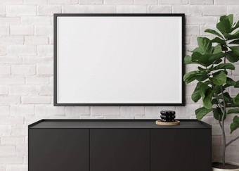 空水平图片框架白色砖墙现代生活房间模拟室内极简主义当代风格免费的空间图片海报控制台蜡烛植物呈现
