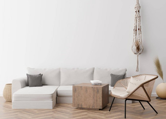 空白色墙现代生活房间模拟室内斯堪的那维亚放荡不羁的风格免费的空间复制空间图片海报藤扶手椅沙发彭巴斯草原草流苏花边呈现