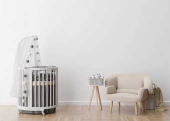 空白色墙现代孩子房间模拟室内斯堪的那维亚风格免费的复制空间图片海报婴儿床上扶手椅舒适的房间孩子们呈现