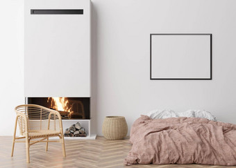 空白水平图片框架白色墙卧室模拟海报框架现代室内免费的空间复制空间设计床上藤扶手椅壁炉渲染插图