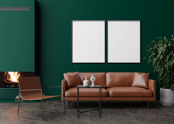 空垂直图片帧黑暗绿色墙现代生活房间模拟室内当代风格免费的空间图片海报沙发扶手椅壁炉植物呈现