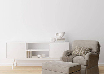 空白色墙现代生活房间模拟室内当代斯堪的那维亚风格<strong>免费</strong>的复制空间图片<strong>海报</strong>文本设计扶手椅控制台雕塑呈现