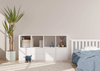 空奶油墙现代孩子房间模拟室内斯堪的那维亚风格免费的复制空间<strong>图片海报</strong>床上控制台植物玩具舒适的房间孩子们呈现