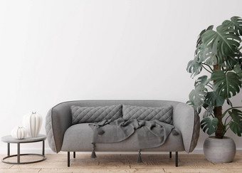 空白色墙现代生活房间模拟室内当代斯堪的那维亚风格<strong>免费</strong>的复制空间图片<strong>海报</strong>文本设计沙发植物表格呈现