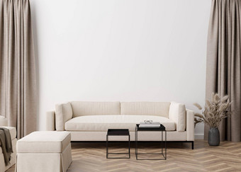 空白色墙现代生活房间模拟室内当代斯堪的那维亚风格免费的复制空间<strong>图片海报</strong>文本设计沙发表格彭巴斯草原草呈现